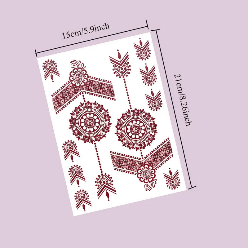 10Pcs/Set Maroon Color Henna Tattoo Stickers for Hand Brown Red Henna Tattoos for Women Waterproof Temporary Mehndi Fake Tattoo