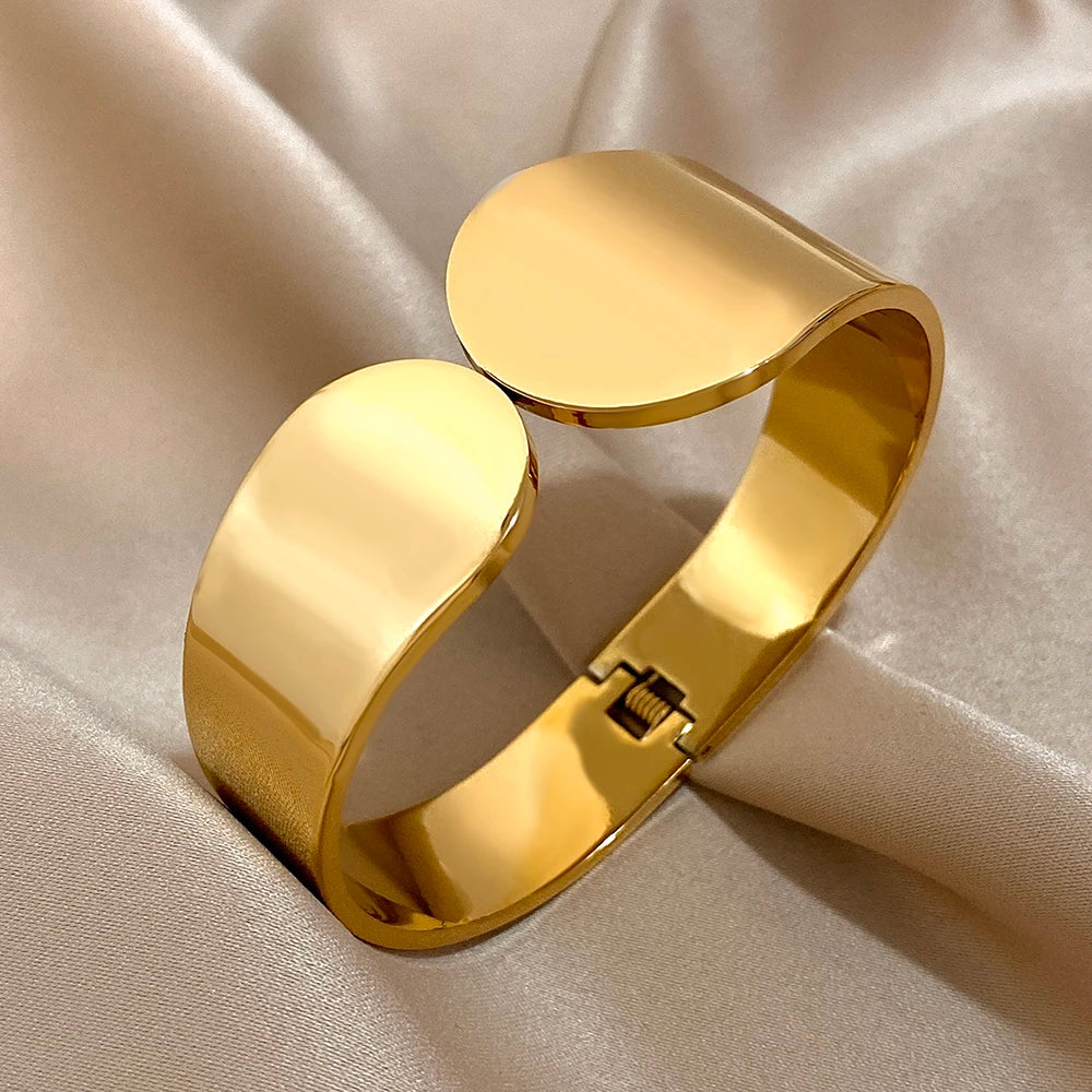 Smooth Geometric Circle Stainless Steel Open Spring Bangle for Women Glossy Waterproof Wide Bangle Cuff Bracelet Trendy Jewelry