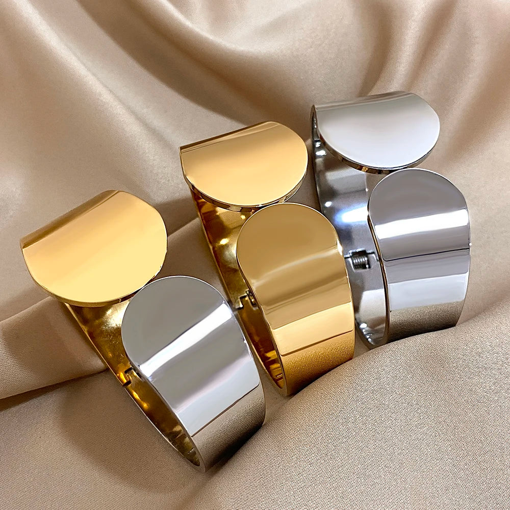 Smooth Geometric Circle Stainless Steel Open Spring Bangle for Women Glossy Waterproof Wide Bangle Cuff Bracelet Trendy Jewelry