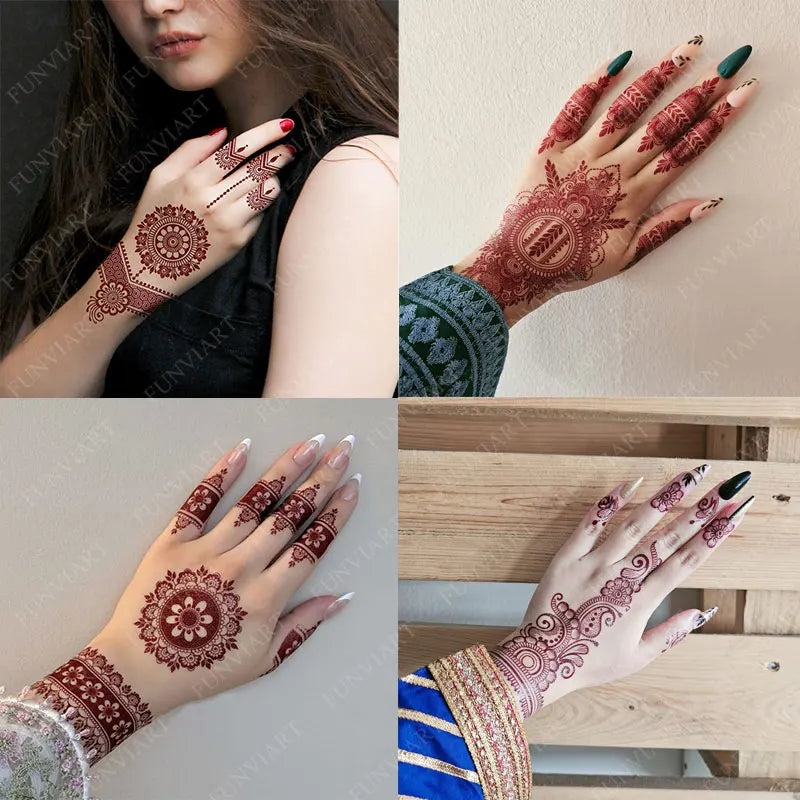 10Pcs/Set Maroon Color Henna Tattoo Stickers for Hand Brown Red Henna Tattoos for Women Waterproof Temporary Mehndi Fake Tattoo