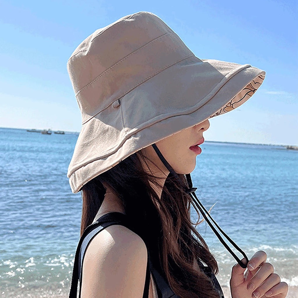 Double-Sided Women Bucket Hat Solid Color Flower Print Wide Brim Fisherman Hats For Ladies Outdoor Travel Panama Sunscreen Cap