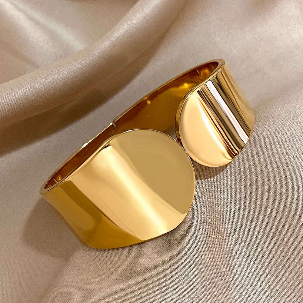 Smooth Geometric Circle Stainless Steel Open Spring Bangle for Women Glossy Waterproof Wide Bangle Cuff Bracelet Trendy Jewelry