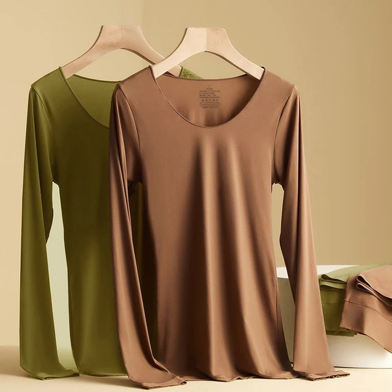 Women's Ultra-Thin Seamless Thermal Underwear High-Elasticity Warm Vest Slim Fit Top Casual Long Sleeves Lightweight Sleepwear