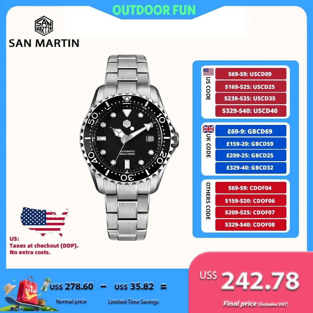 San Martin 40mm Enamel Dial YN55 Men Diver's Automatic Mechanical Watch 3H Date BGW-X1 30Bar Waterproof Montre Homme SN0009D