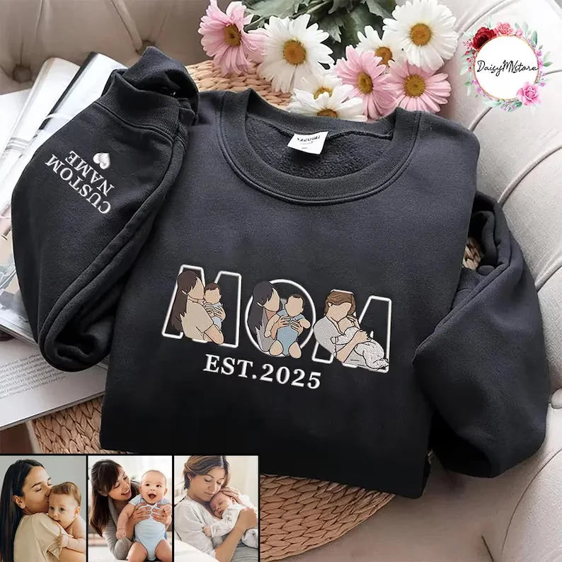 Embroidered Mama Sweatshirt with Photo, Custom Embroidered Mama and Kids Portrait, Embroidery Shirt For Mom Mama Mother's Day