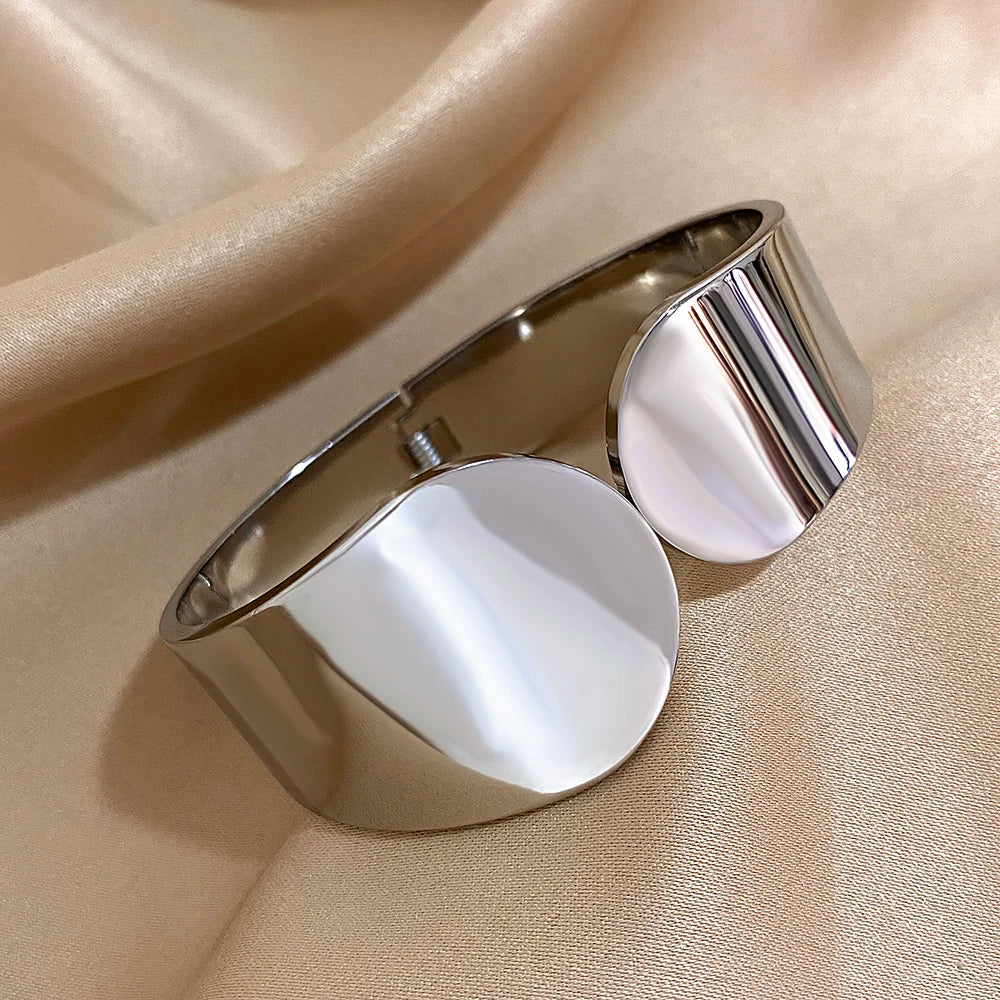 Smooth Geometric Circle Stainless Steel Open Spring Bangle for Women Glossy Waterproof Wide Bangle Cuff Bracelet Trendy Jewelry