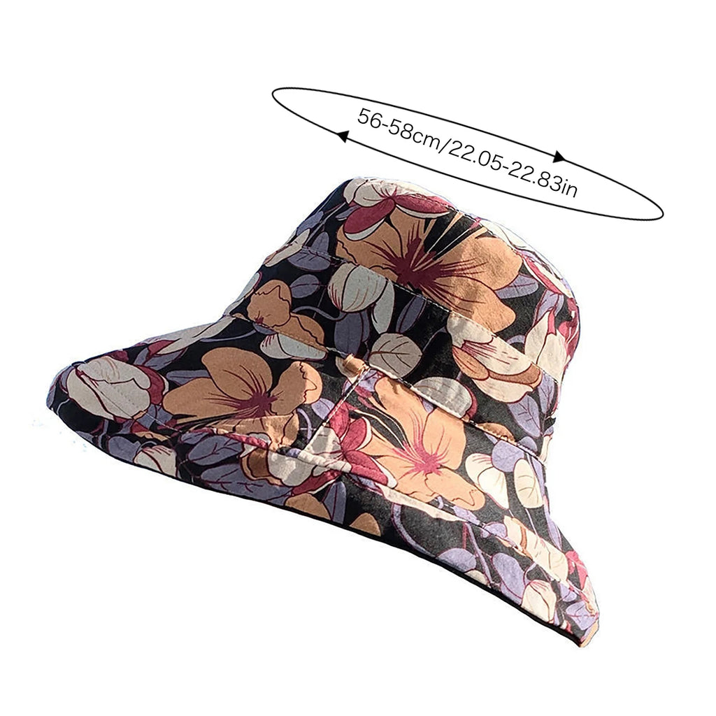 Double-Sided Women Bucket Hat Solid Color Flower Print Wide Brim Fisherman Hats For Ladies Outdoor Travel Panama Sunscreen Cap