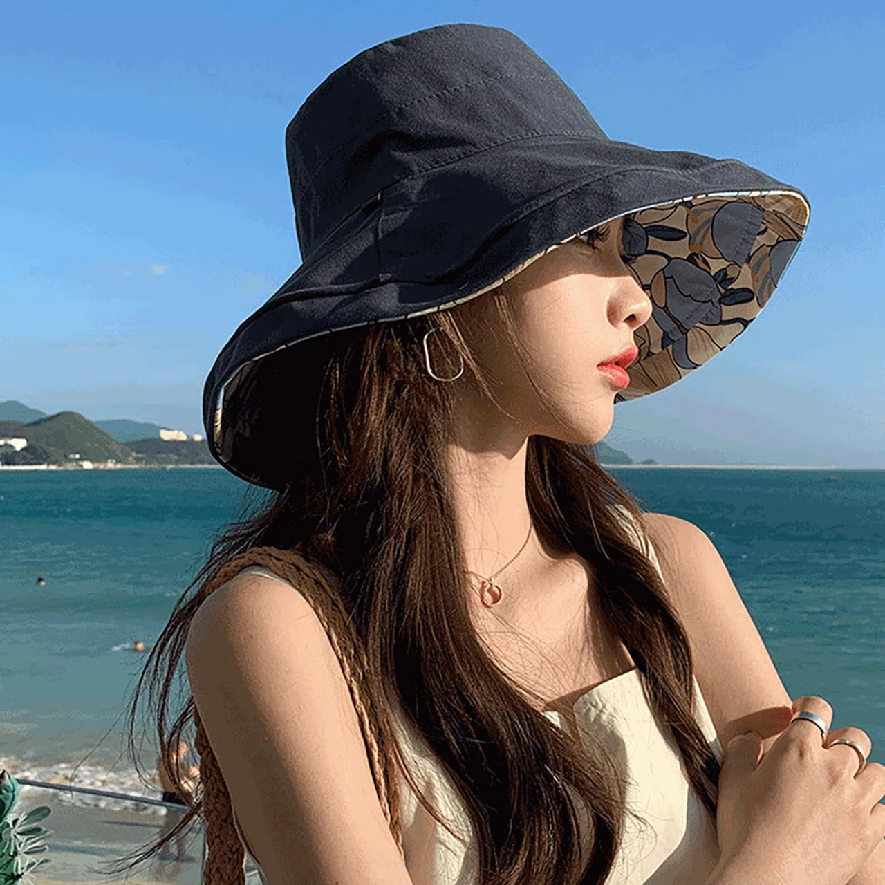 Double-Sided Women Bucket Hat Solid Color Flower Print Wide Brim Fisherman Hats For Ladies Outdoor Travel Panama Sunscreen Cap