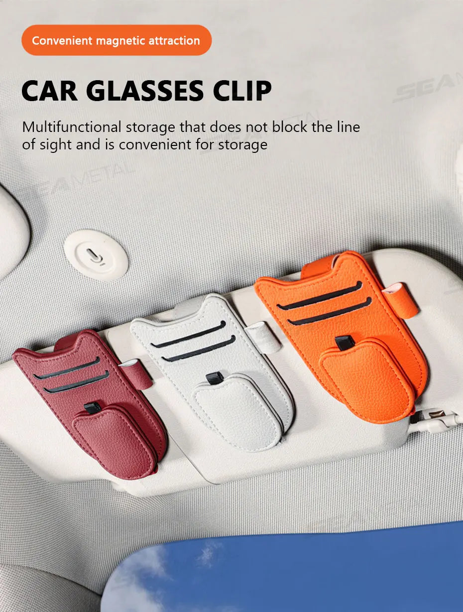 SEAMETAL Luxury Car Visor Glasses Clip Magnetic Wear-Resistant Sunglasses Holder 3 in 1 Auto Eyeglasses Clip with Card Holder