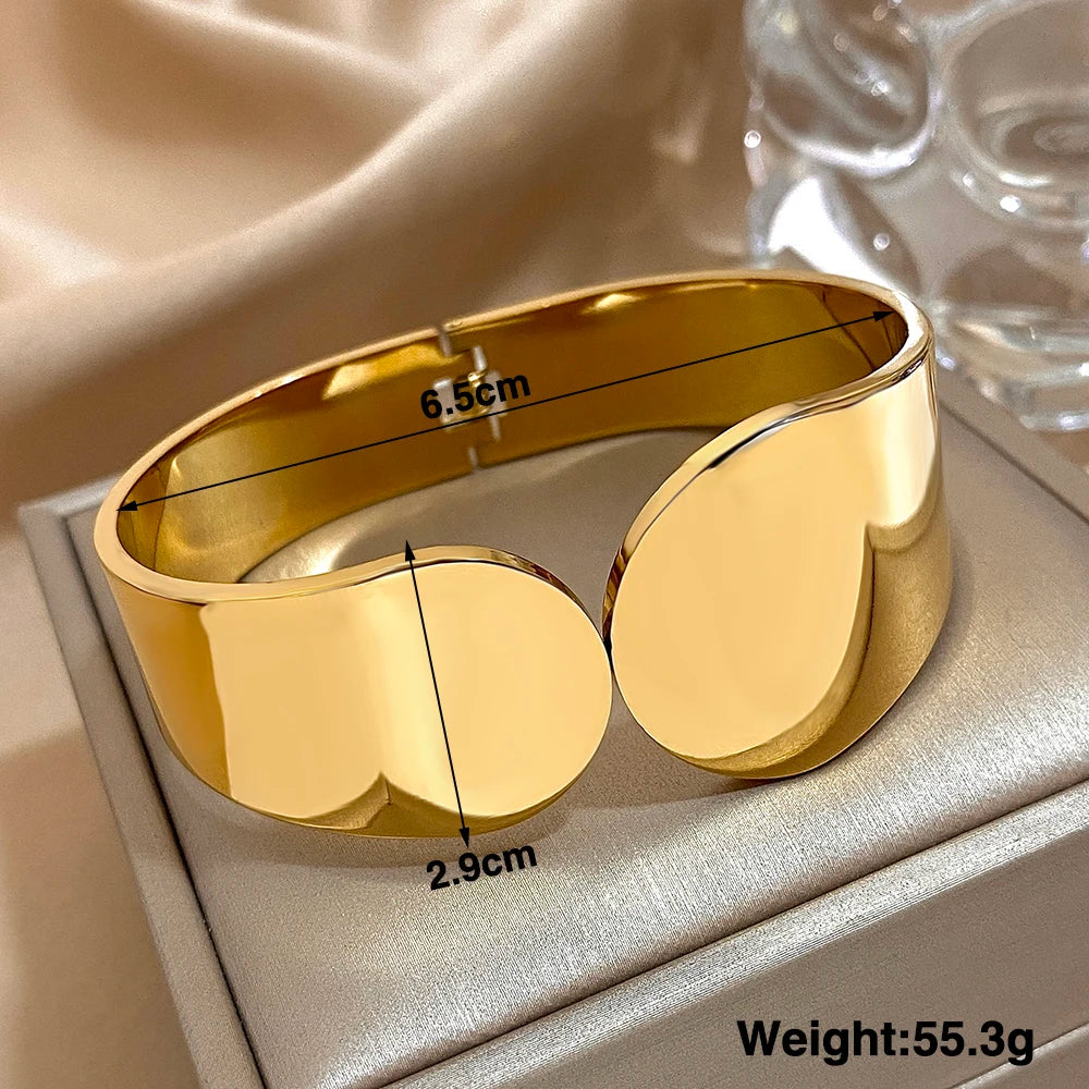 Smooth Geometric Circle Stainless Steel Open Spring Bangle for Women Glossy Waterproof Wide Bangle Cuff Bracelet Trendy Jewelry