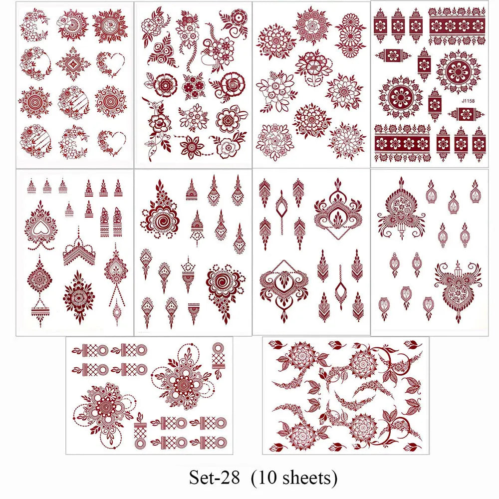 10Pcs/Set Maroon Color Henna Tattoo Stickers for Hand Brown Red Henna Tattoos for Women Waterproof Temporary Mehndi Fake Tattoo
