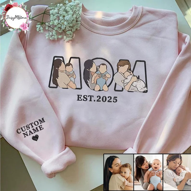 Embroidered Mama Sweatshirt with Photo, Custom Embroidered Mama and Kids Portrait, Embroidery Shirt For Mom Mama Mother's Day