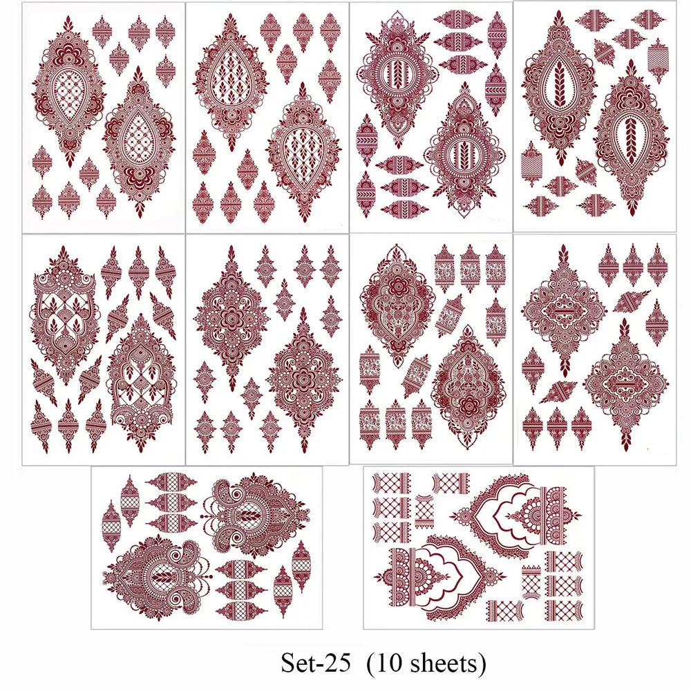 10Pcs/Set Maroon Color Henna Tattoo Stickers for Hand Brown Red Henna Tattoos for Women Waterproof Temporary Mehndi Fake Tattoo