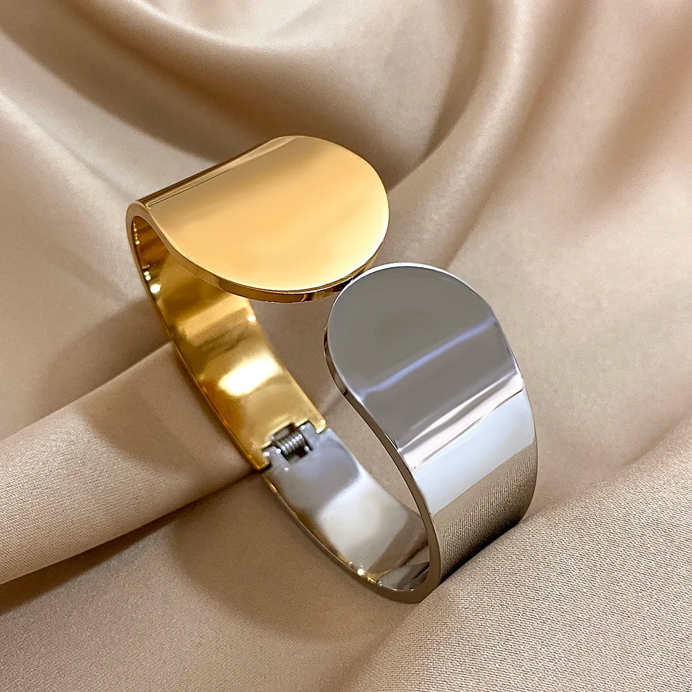 Smooth Geometric Circle Stainless Steel Open Spring Bangle for Women Glossy Waterproof Wide Bangle Cuff Bracelet Trendy Jewelry
