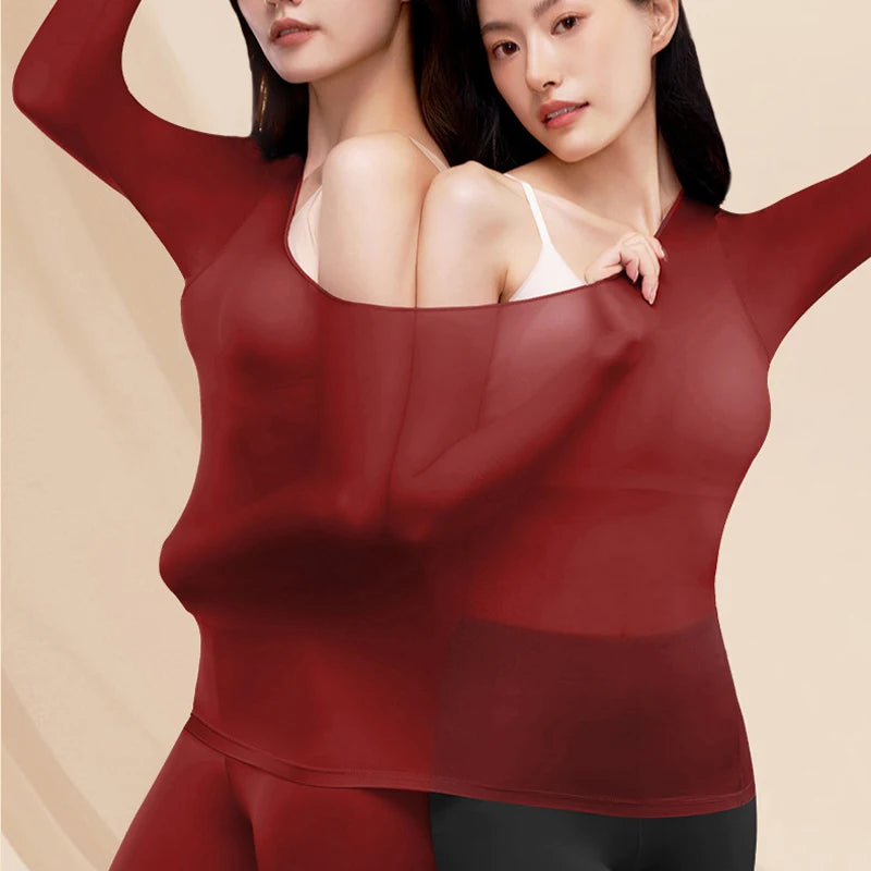 Women's Ultra-Thin Seamless Thermal Underwear High-Elasticity Warm Vest Slim Fit Top Casual Long Sleeves Lightweight Sleepwear