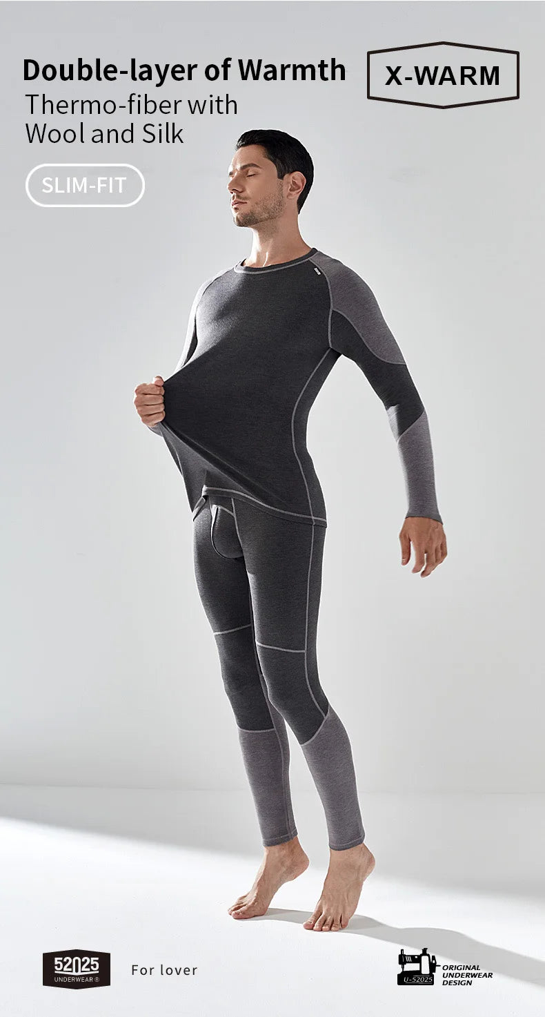 52025 Warm Thermal Underwear with Wool and Silk – Double-Layered for Extra Warmth, Winter-Ready Long Johns, Premium Base Layer