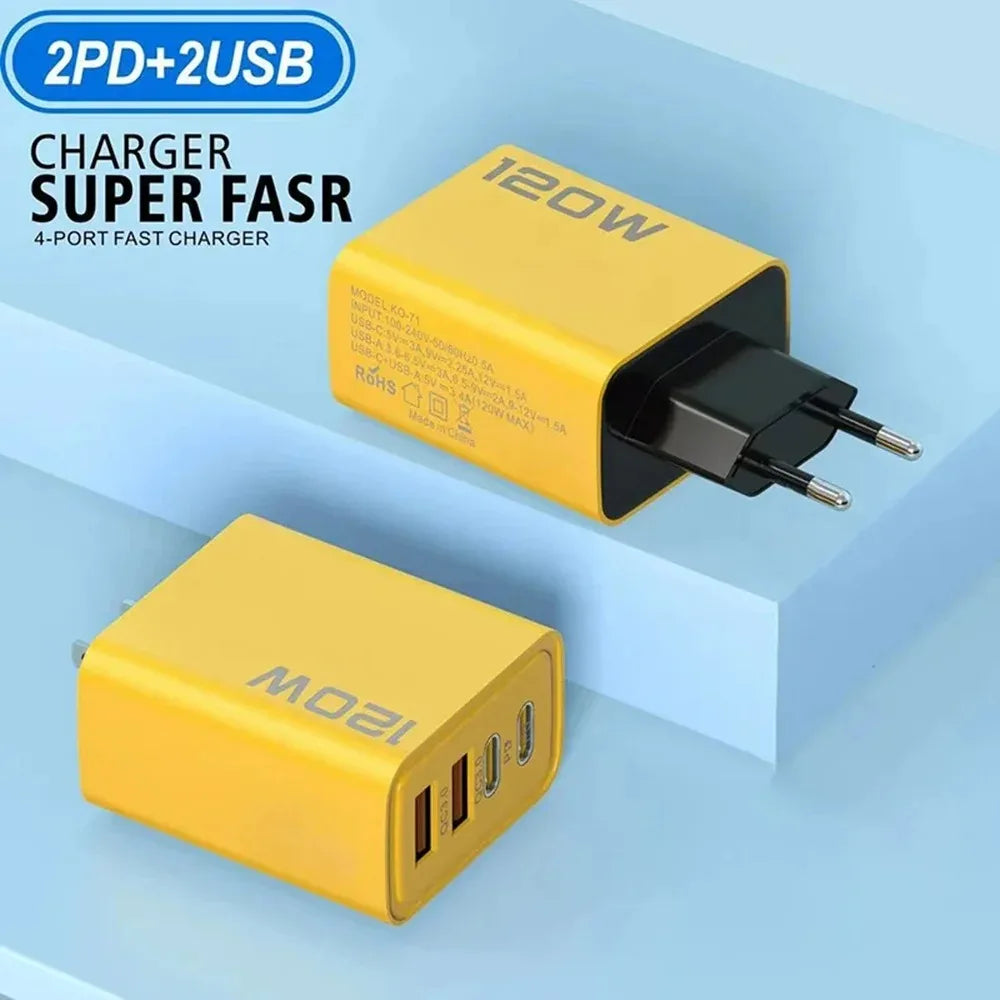 4 Port USB C PD Charger Total 120W Fast Charger Type C Quick Charge 3.0 USB Charger Adapter For iPhone Samsung Xiaomi Phone Plug
