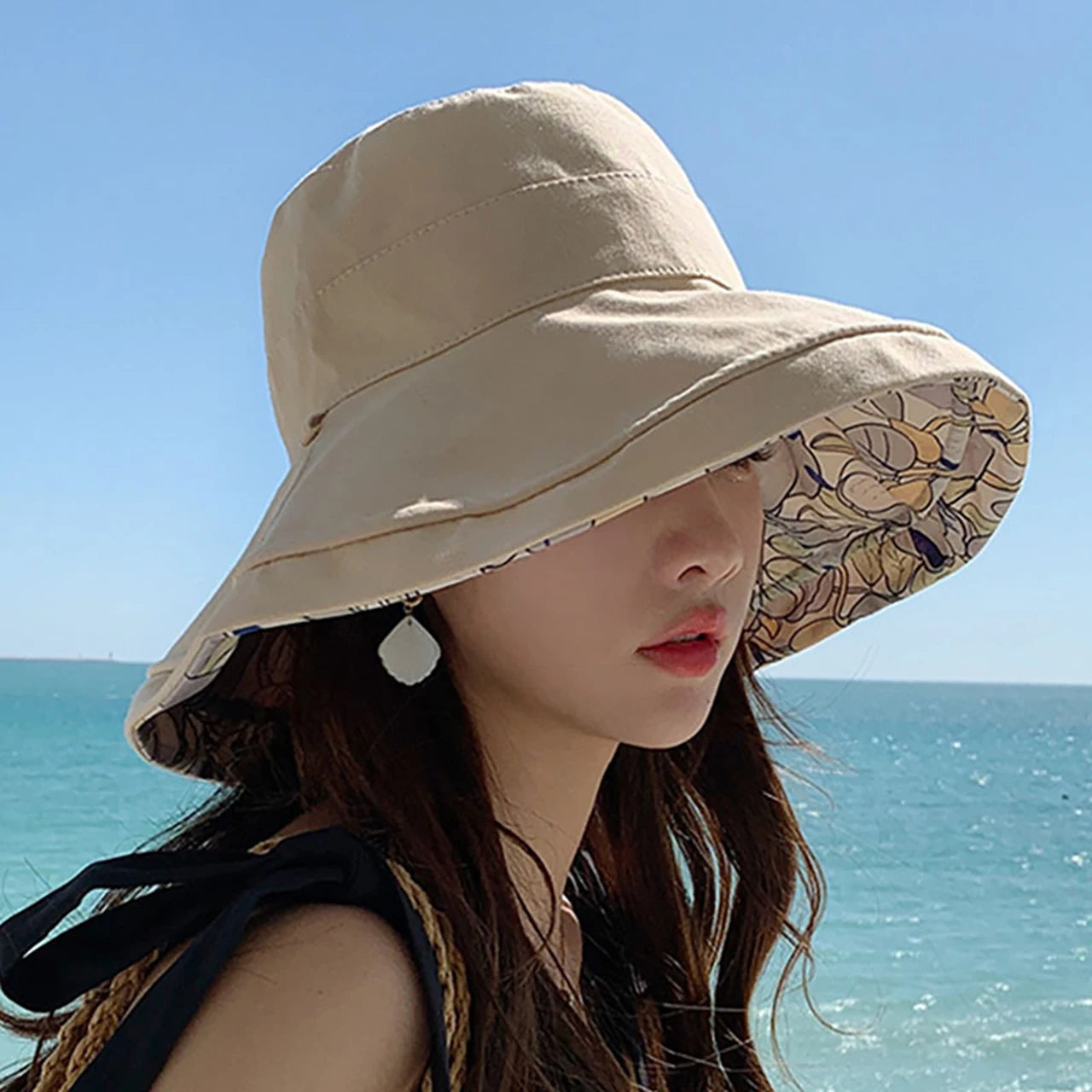 Double-Sided Women Bucket Hat Solid Color Flower Print Wide Brim Fisherman Hats For Ladies Outdoor Travel Panama Sunscreen Cap