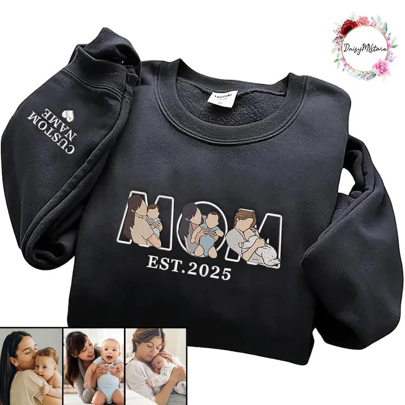 Embroidered Mama Sweatshirt with Photo, Custom Embroidered Mama and Kids Portrait, Embroidery Shirt For Mom Mama Mother's Day