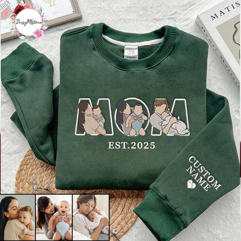 Embroidered Mama Sweatshirt with Photo, Custom Embroidered Mama and Kids Portrait, Embroidery Shirt For Mom Mama Mother's Day