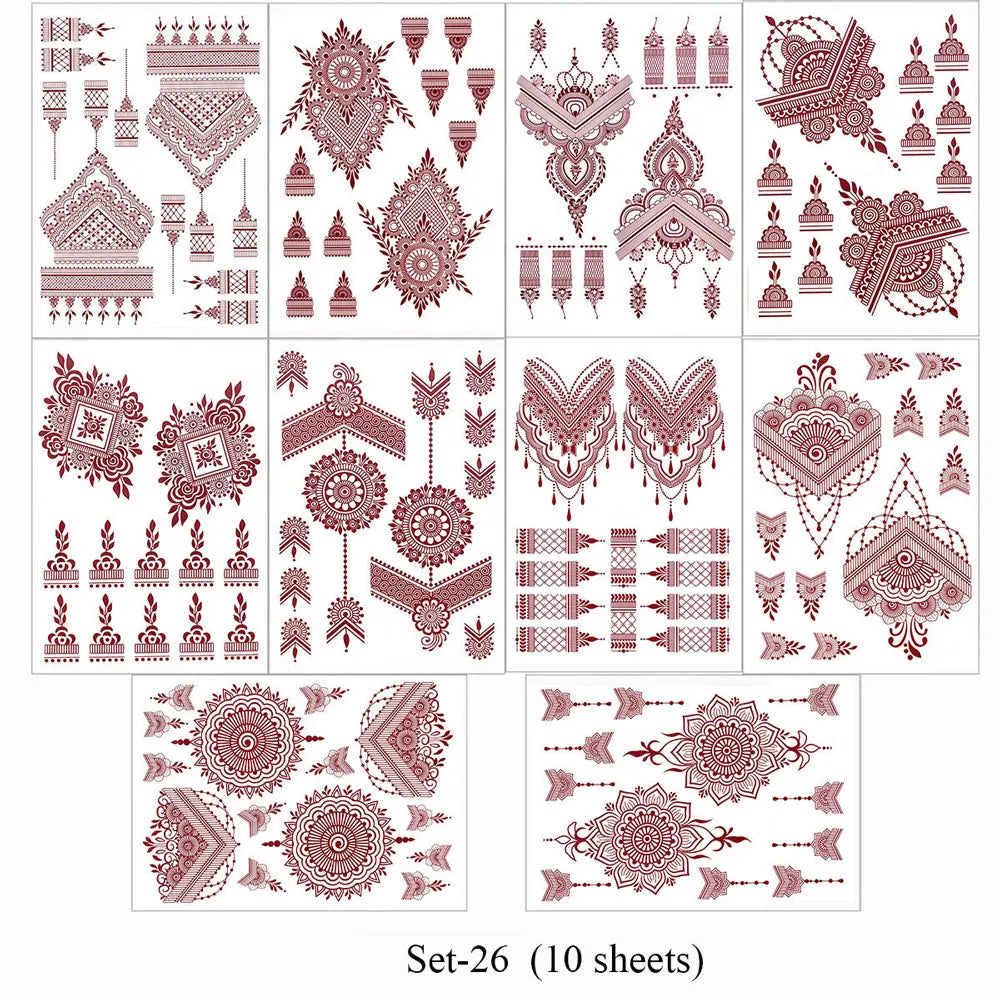 10Pcs/Set Maroon Color Henna Tattoo Stickers for Hand Brown Red Henna Tattoos for Women Waterproof Temporary Mehndi Fake Tattoo