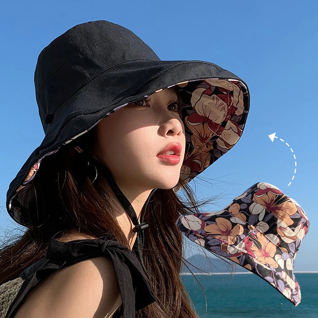Double-Sided Women Bucket Hat Solid Color Flower Print Wide Brim Fisherman Hats For Ladies Outdoor Travel Panama Sunscreen Cap