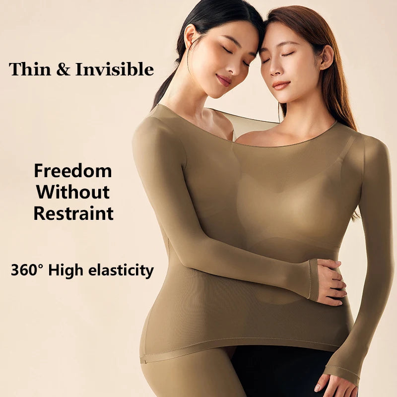 Women's Ultra-Thin Seamless Thermal Underwear High-Elasticity Warm Vest Slim Fit Top Casual Long Sleeves Lightweight Sleepwear