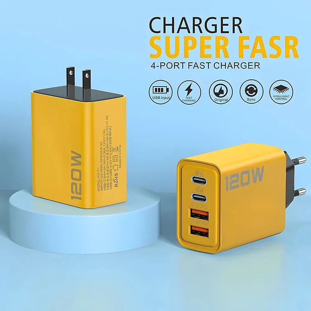 4 Port USB C PD Charger Total 120W Fast Charger Type C Quick Charge 3.0 USB Charger Adapter For iPhone Samsung Xiaomi Phone Plug