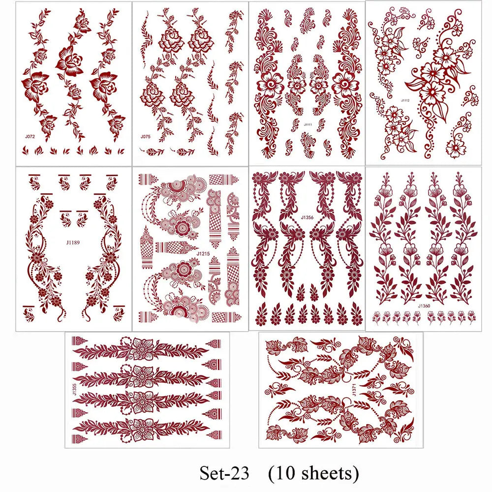 10Pcs/Set Maroon Color Henna Tattoo Stickers for Hand Brown Red Henna Tattoos for Women Waterproof Temporary Mehndi Fake Tattoo