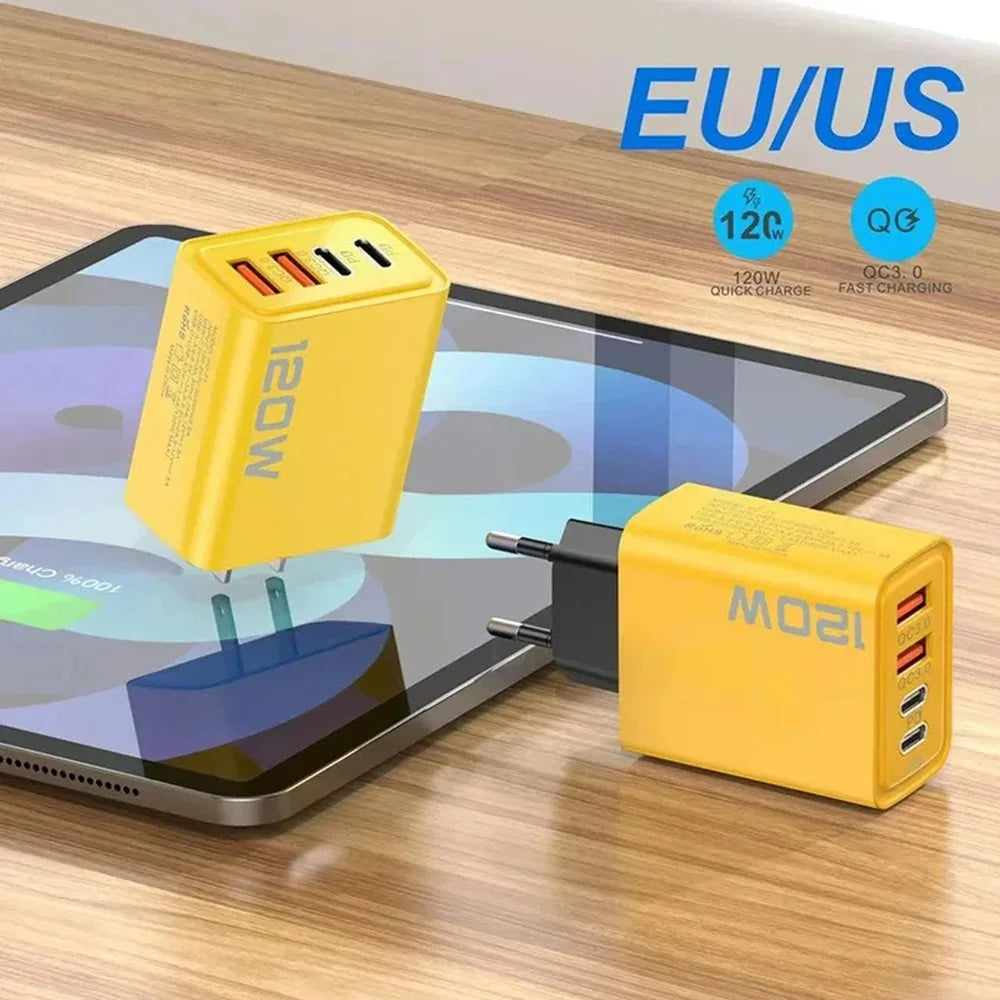 4 Port USB C PD Charger Total 120W Fast Charger Type C Quick Charge 3.0 USB Charger Adapter For iPhone Samsung Xiaomi Phone Plug
