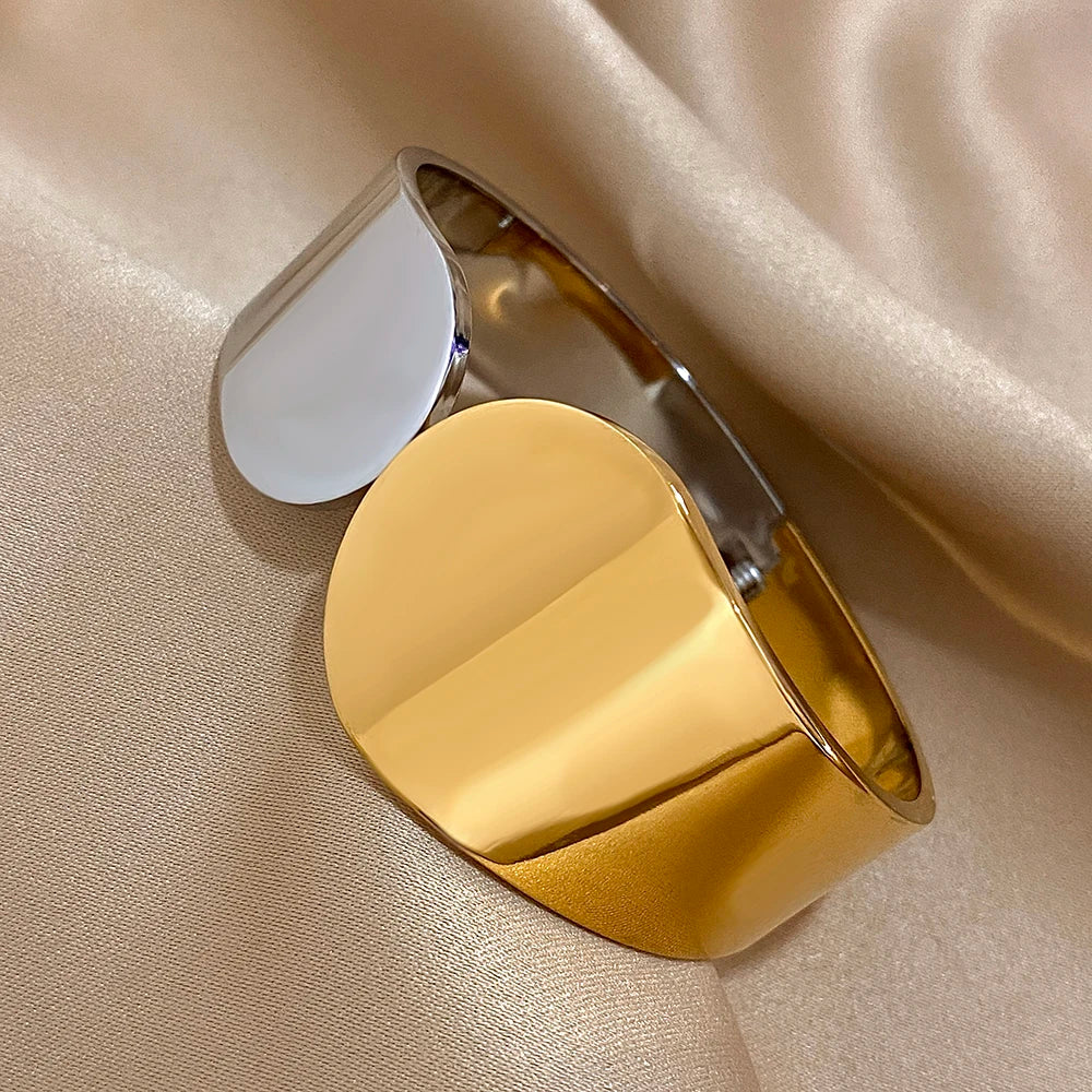 Smooth Geometric Circle Stainless Steel Open Spring Bangle for Women Glossy Waterproof Wide Bangle Cuff Bracelet Trendy Jewelry