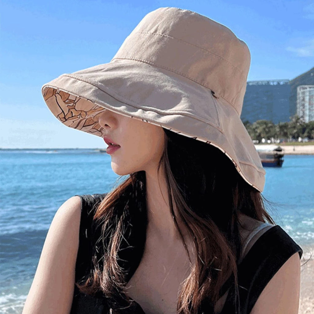 Double-Sided Women Bucket Hat Solid Color Flower Print Wide Brim Fisherman Hats For Ladies Outdoor Travel Panama Sunscreen Cap