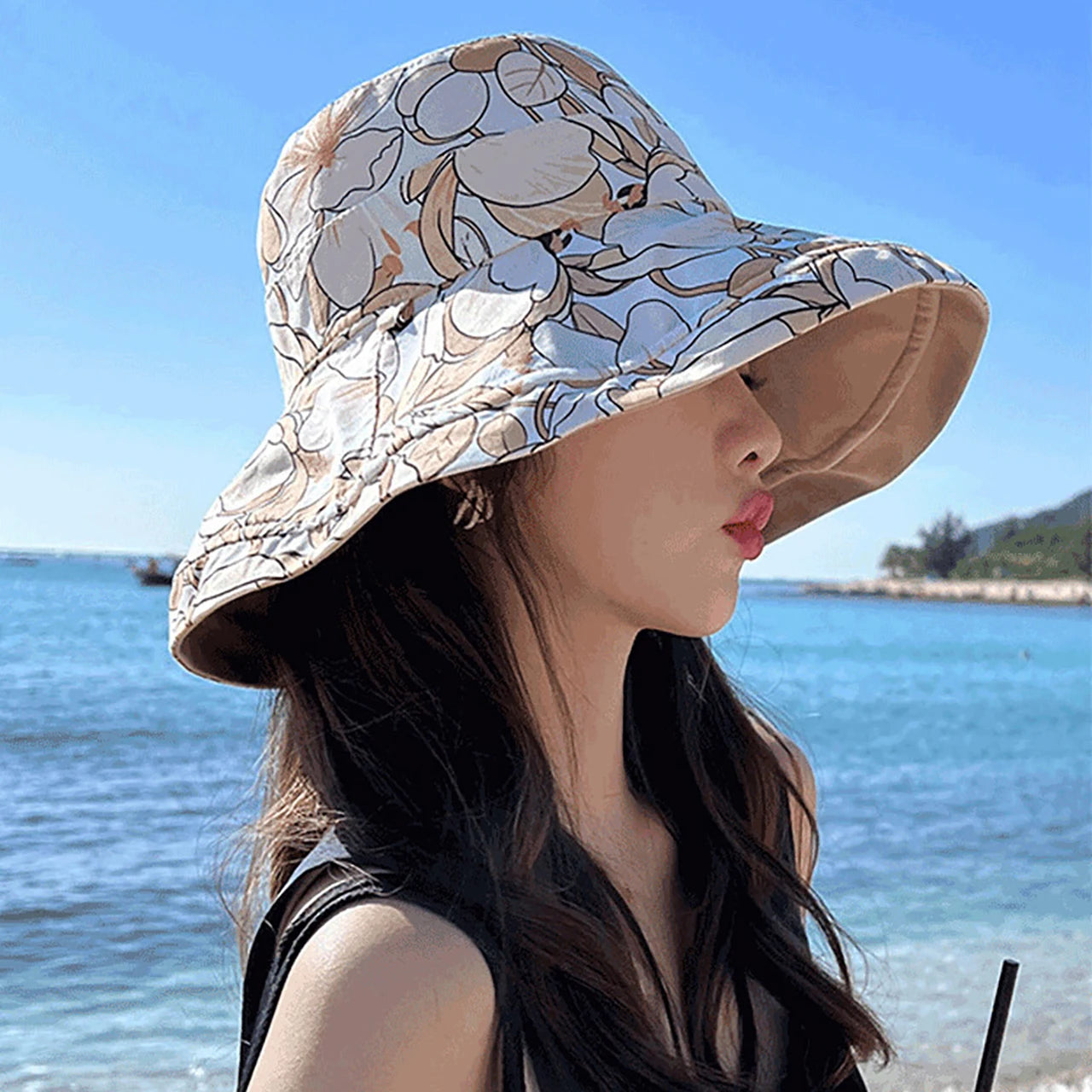 Double-Sided Women Bucket Hat Solid Color Flower Print Wide Brim Fisherman Hats For Ladies Outdoor Travel Panama Sunscreen Cap