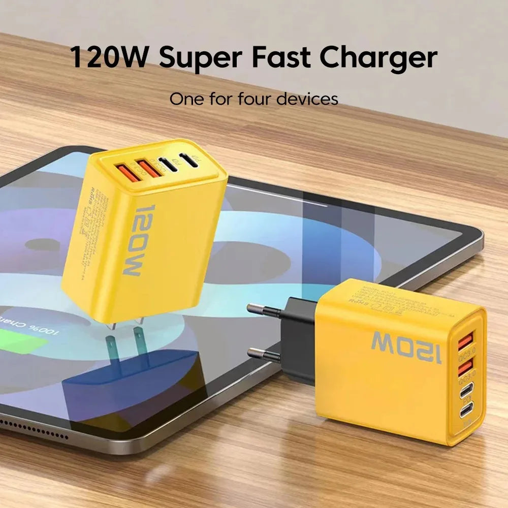 4 Port USB C PD Charger Total 120W Fast Charger Type C Quick Charge 3.0 USB Charger Adapter For iPhone Samsung Xiaomi Phone Plug