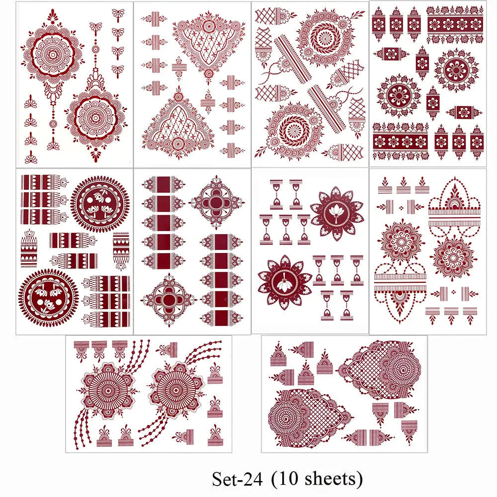 10Pcs/Set Maroon Color Henna Tattoo Stickers for Hand Brown Red Henna Tattoos for Women Waterproof Temporary Mehndi Fake Tattoo