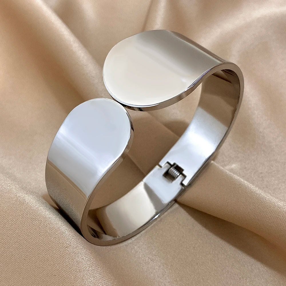 Smooth Geometric Circle Stainless Steel Open Spring Bangle for Women Glossy Waterproof Wide Bangle Cuff Bracelet Trendy Jewelry