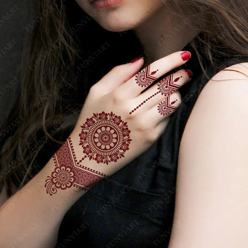 10Pcs/Set Maroon Color Henna Tattoo Stickers for Hand Brown Red Henna Tattoos for Women Waterproof Temporary Mehndi Fake Tattoo