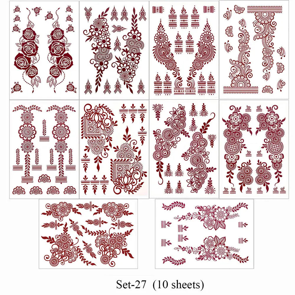 10Pcs/Set Maroon Color Henna Tattoo Stickers for Hand Brown Red Henna Tattoos for Women Waterproof Temporary Mehndi Fake Tattoo