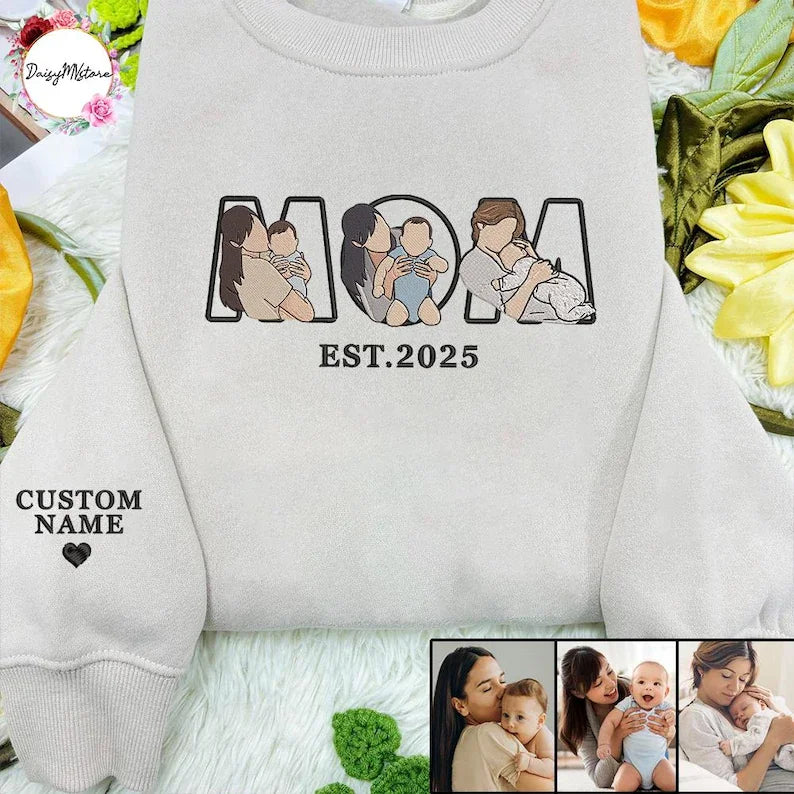 Embroidered Mama Sweatshirt with Photo, Custom Embroidered Mama and Kids Portrait, Embroidery Shirt For Mom Mama Mother's Day