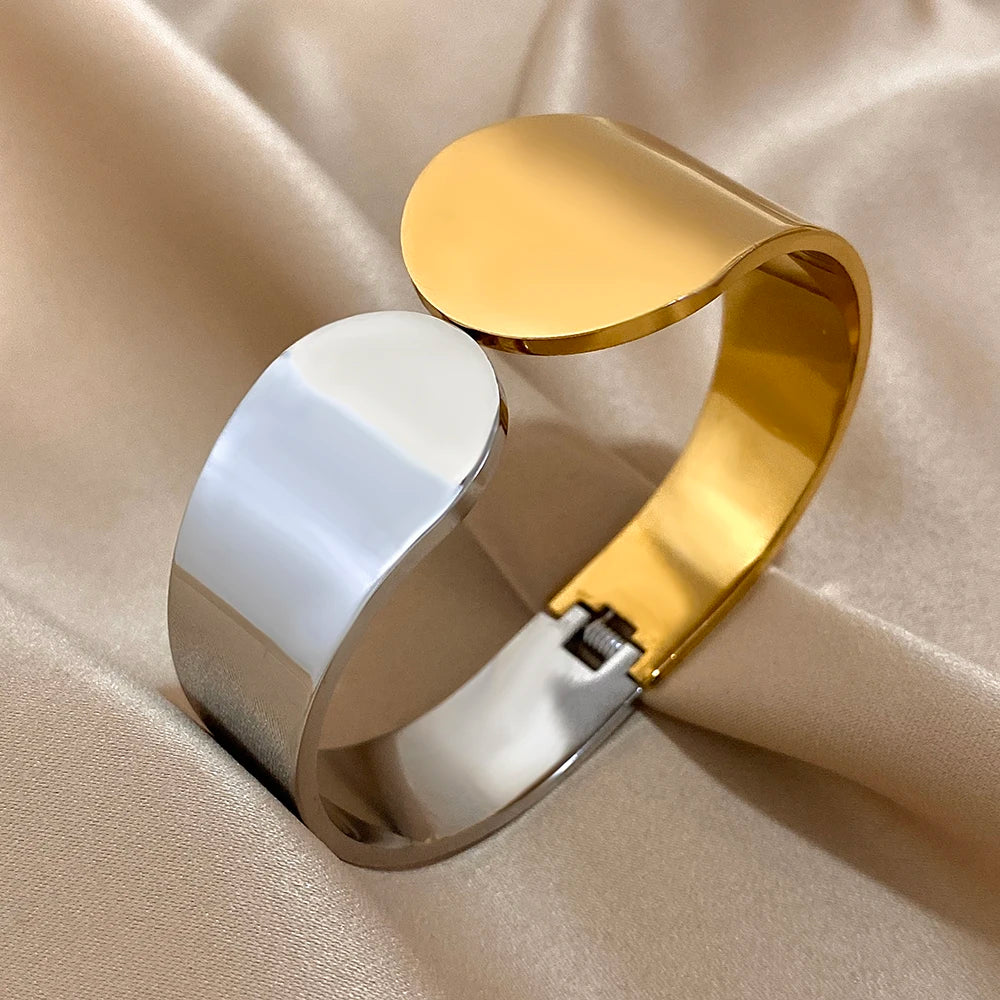 Smooth Geometric Circle Stainless Steel Open Spring Bangle for Women Glossy Waterproof Wide Bangle Cuff Bracelet Trendy Jewelry