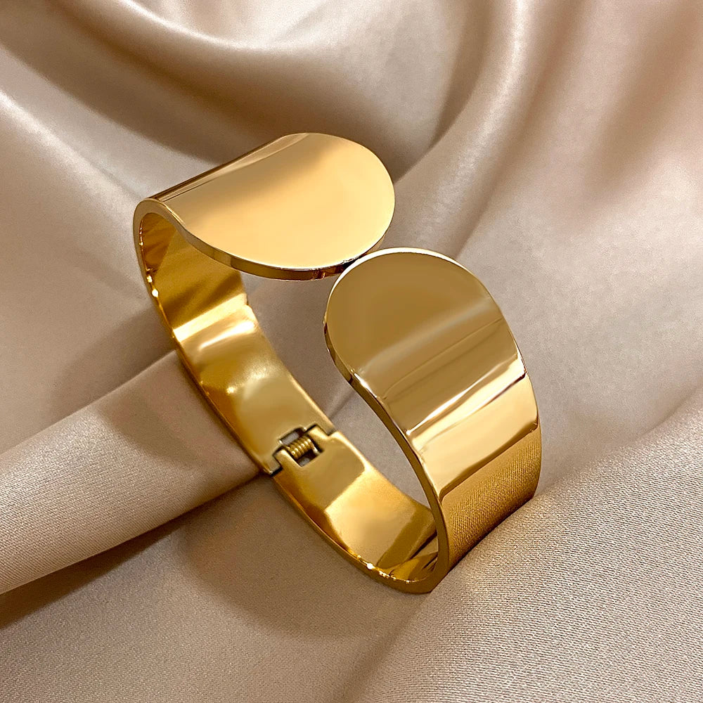 Smooth Geometric Circle Stainless Steel Open Spring Bangle for Women Glossy Waterproof Wide Bangle Cuff Bracelet Trendy Jewelry