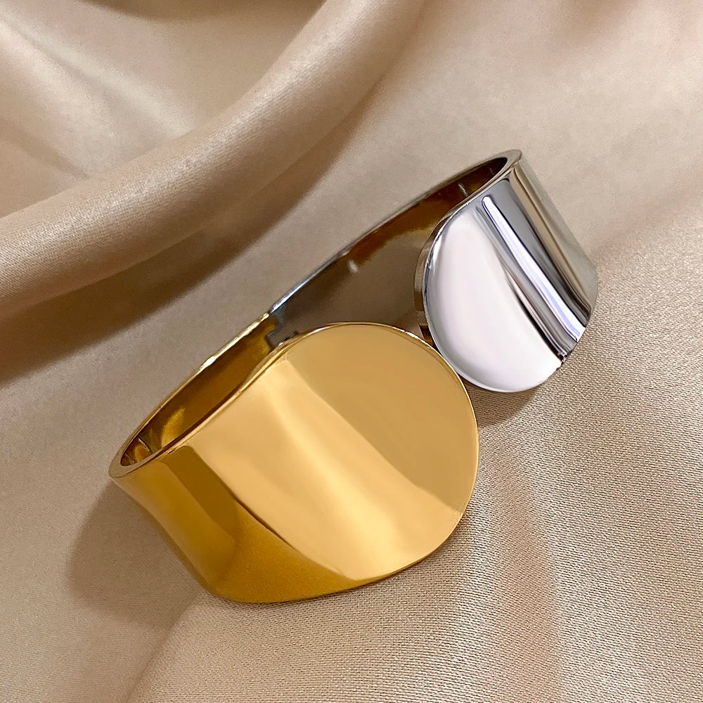 Smooth Geometric Circle Stainless Steel Open Spring Bangle for Women Glossy Waterproof Wide Bangle Cuff Bracelet Trendy Jewelry
