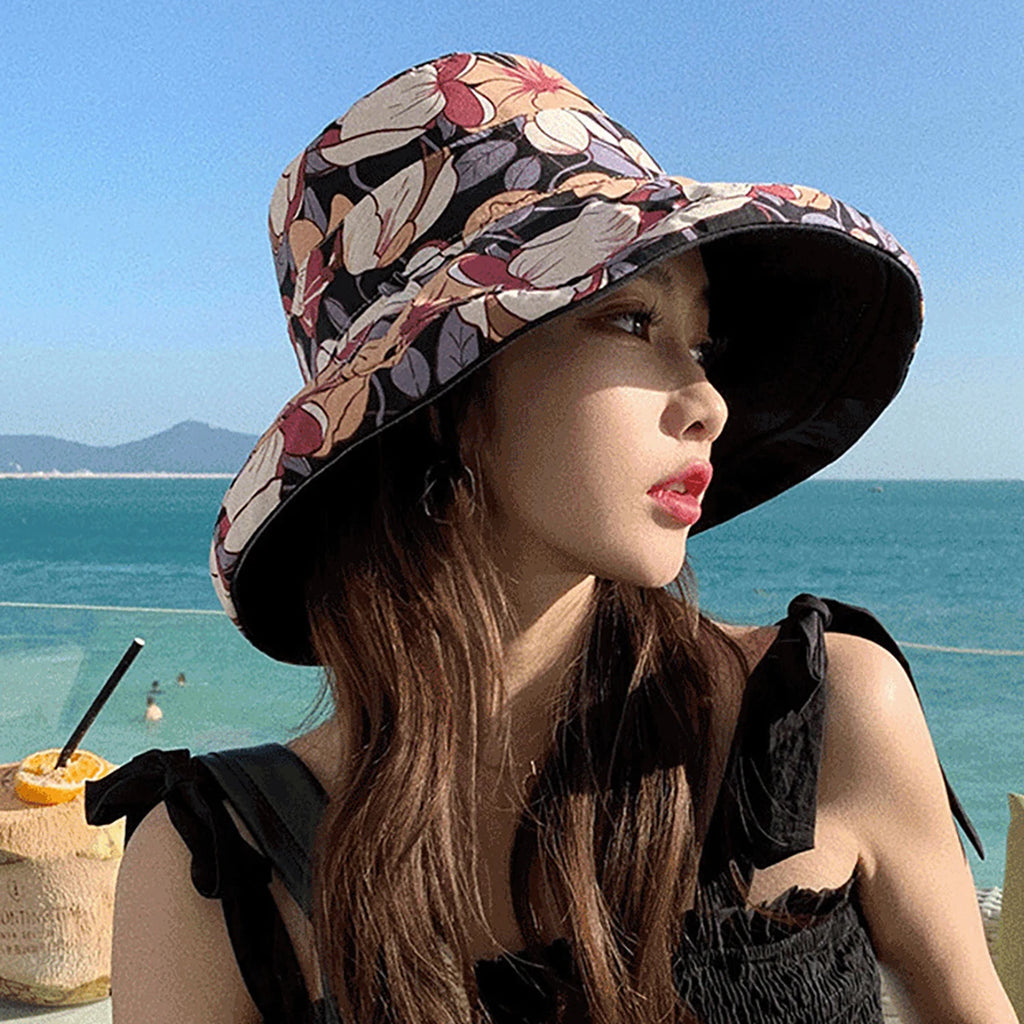 Double-Sided Women Bucket Hat Solid Color Flower Print Wide Brim Fisherman Hats For Ladies Outdoor Travel Panama Sunscreen Cap