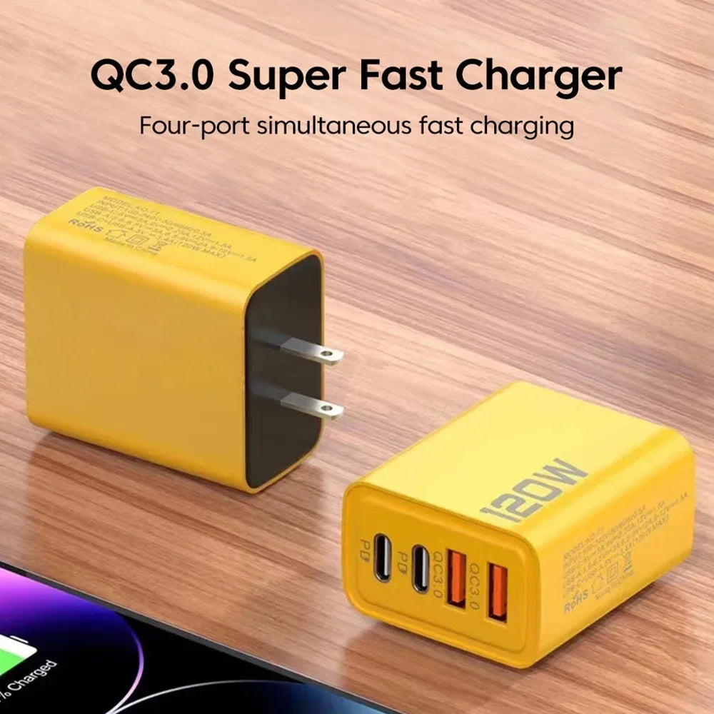 4 Port USB C PD Charger Total 120W Fast Charger Type C Quick Charge 3.0 USB Charger Adapter For iPhone Samsung Xiaomi Phone Plug