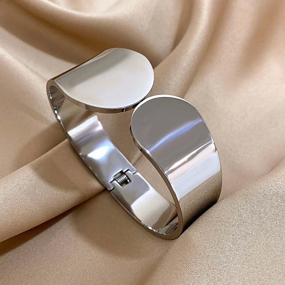 Smooth Geometric Circle Stainless Steel Open Spring Bangle for Women Glossy Waterproof Wide Bangle Cuff Bracelet Trendy Jewelry