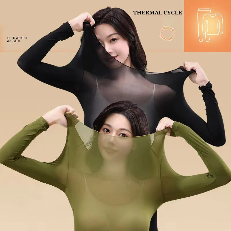Women's Ultra-Thin Seamless Thermal Underwear High-Elasticity Warm Vest Slim Fit Top Casual Long Sleeves Lightweight Sleepwear
