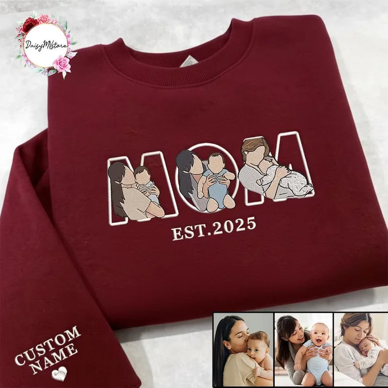 Embroidered Mama Sweatshirt with Photo, Custom Embroidered Mama and Kids Portrait, Embroidery Shirt For Mom Mama Mother's Day