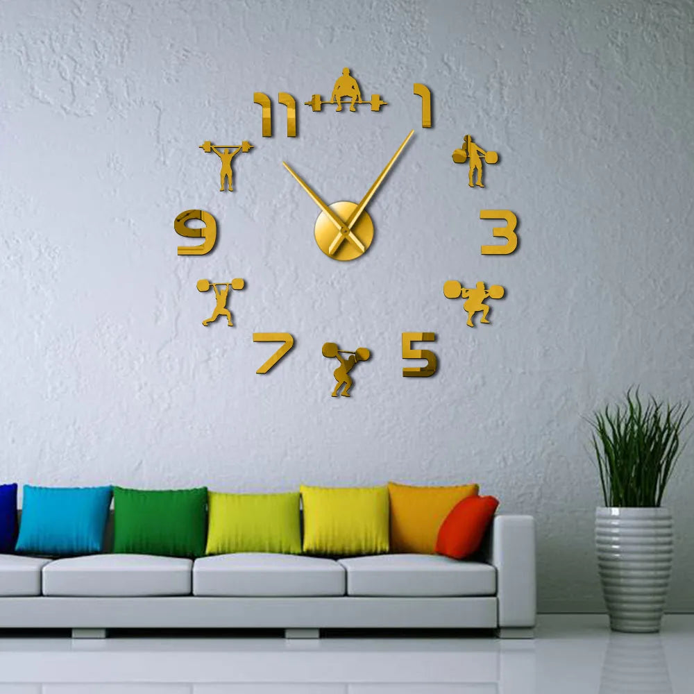 Weightlifting Fitness Room Wall Decor DIY Giant Wall Clock Mirror Effect Powerlifting Frameless Large Wall Clock GYM Wall Watch