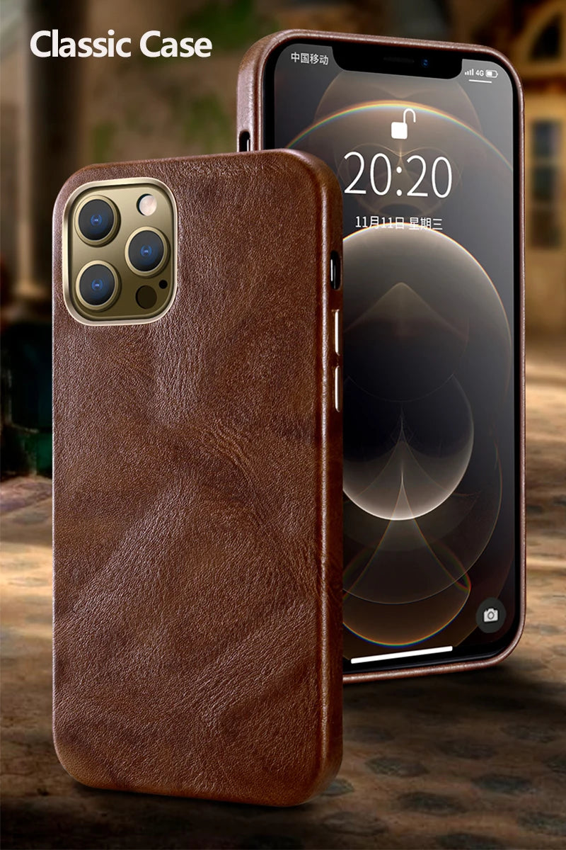 Genuine Leather Case for iPhone 15 Pro Vintage Real Skin Luxury Phone Back Cover for iPhone 15 Pro Max Business Men