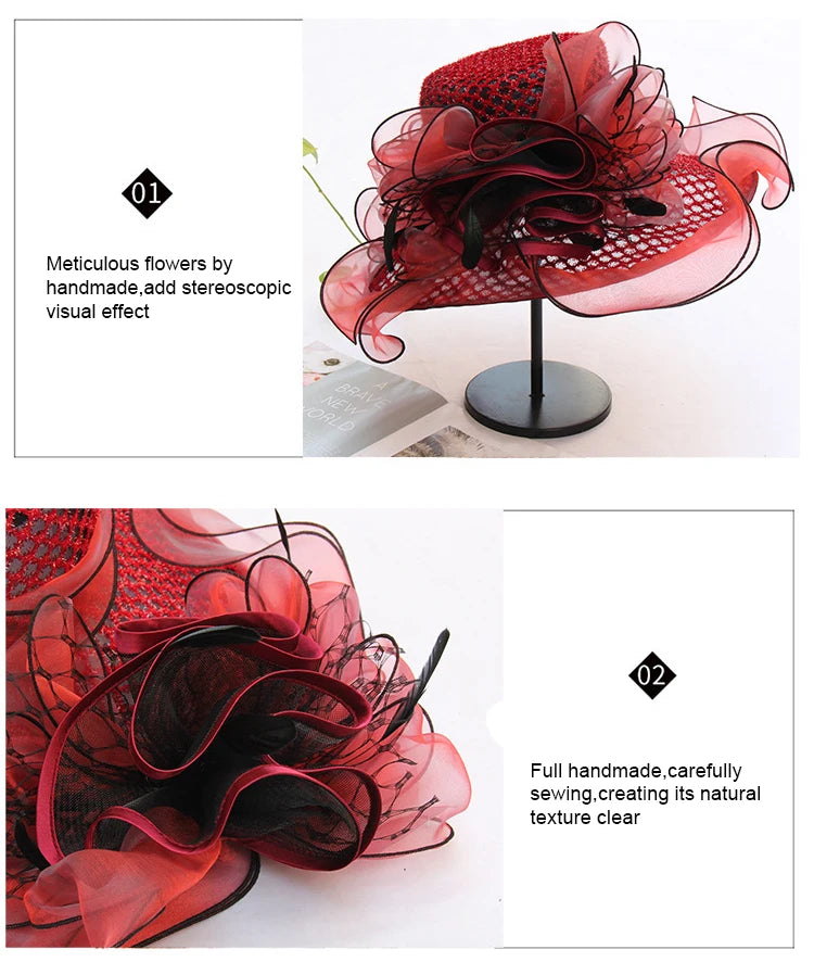 FS Women Organza Red Hats Wedding Fascinators Elegant Big Wide Brim Fedora Kentucky Derby Hats Party Formal Church Ladies Hat